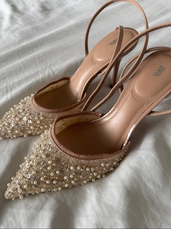 Zara Blush Pearl & Sequin Pointed Slingback Flats - Picture 2 of 3